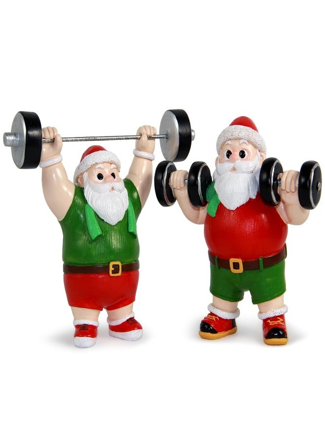 snaxuda Christmas Figurines, 2pcs Santa Claus Weightlifter Dumbbell Ornaments Bodybuilder Ornament Resin Santa Figurines for Xmas Decoration Christmas Party Supplies - Image 1